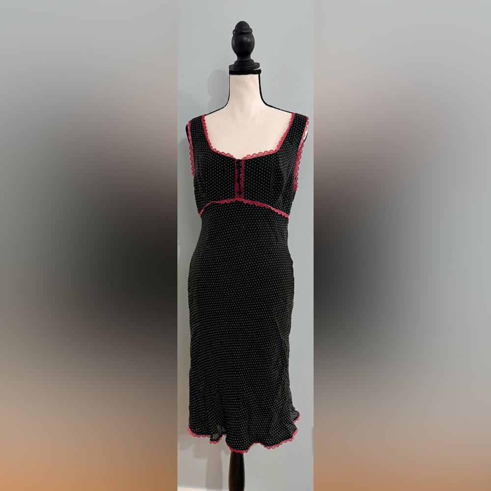 Vintage Y2K Mica Black & White Polka Dot with Pink Ruffle Trim Midi Slip Dress!